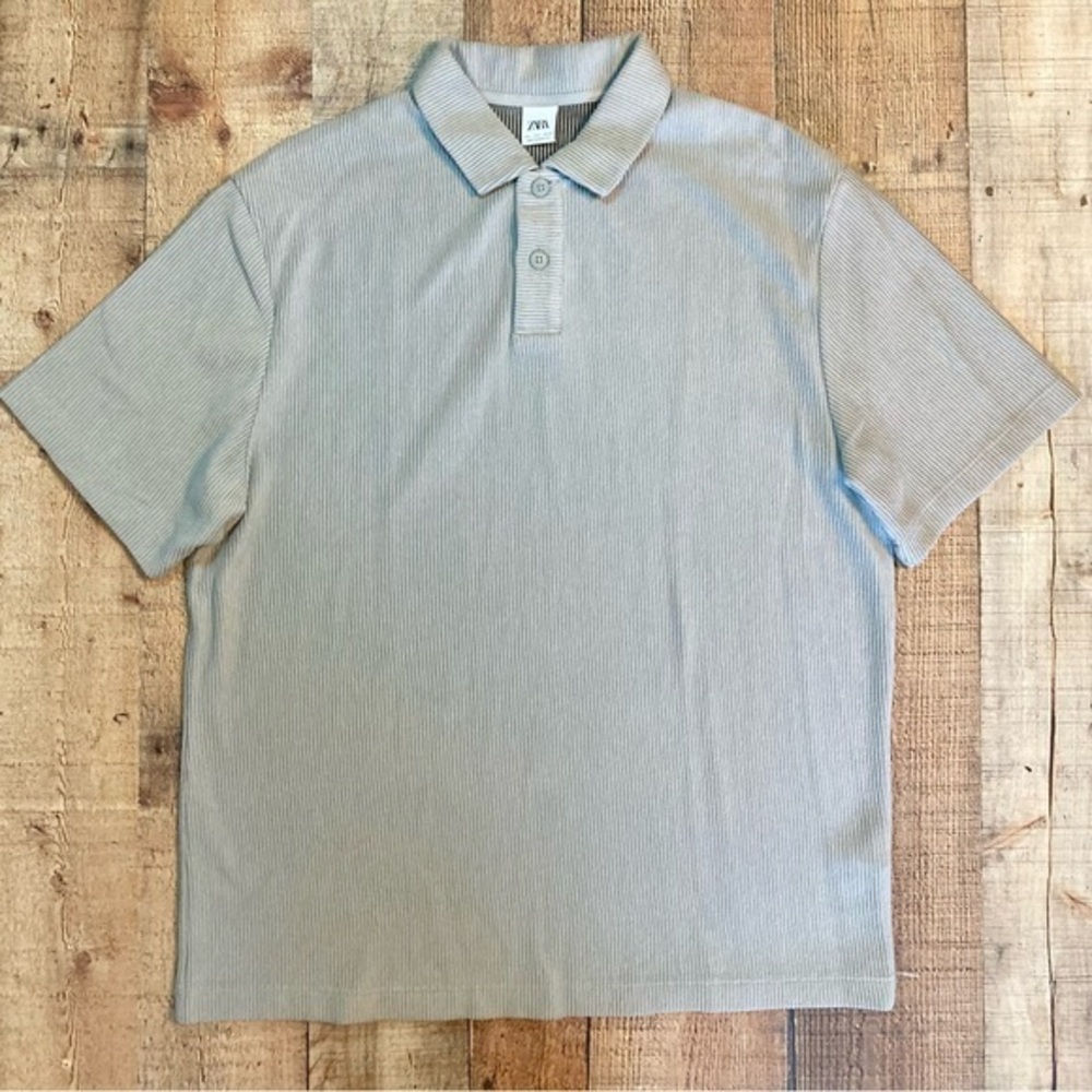 Zara Mens Ribbed Knit Polo Shirt Grey Beige Short‎ Sleeve Large Textured Cotton